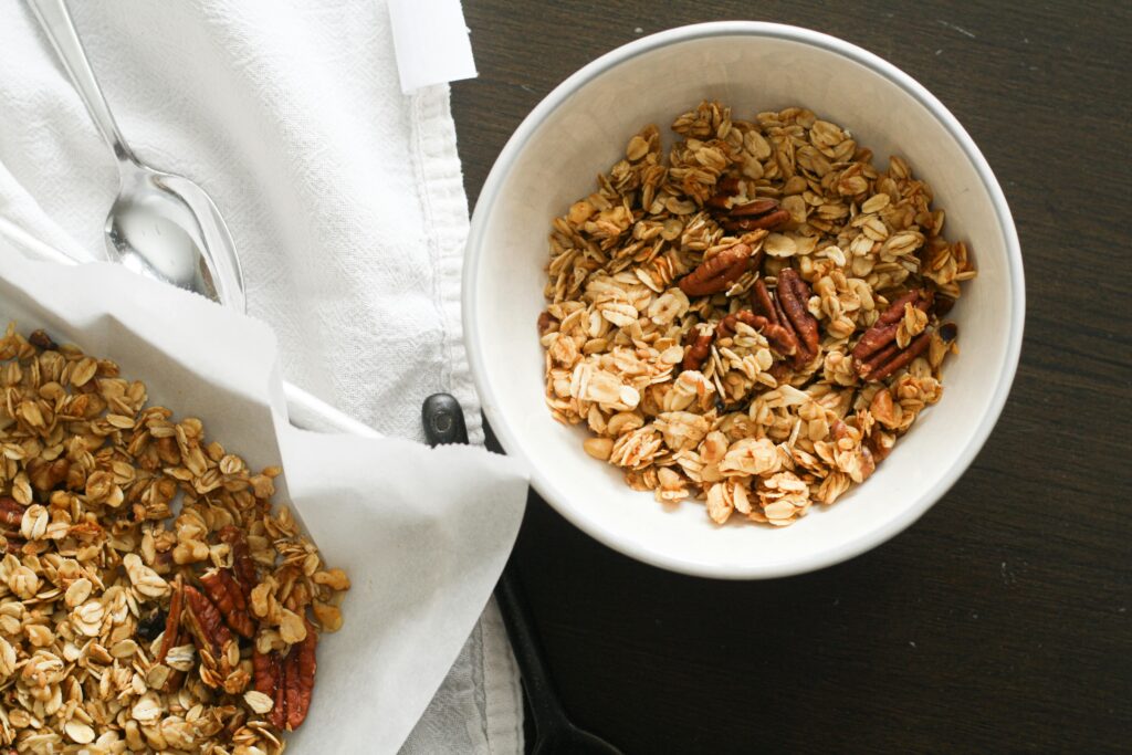 A delicious and nutritious homemade granola with pecans, oats, and seeds.